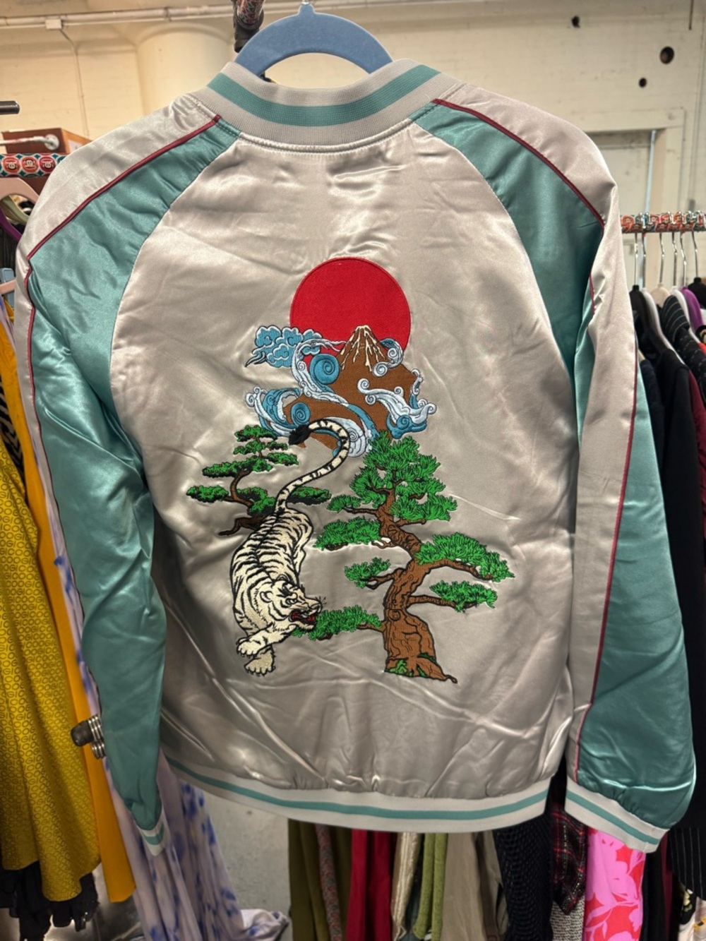 Standard Issue Embroidered Satin Tiger Sukajan Jacket in Ivory & Aqua